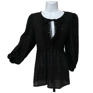 MAX STUDIO BOHO EMBROIDERED BLACK BALLOON SLEEVE GAUZE TOP SIZE LARGE NWT
